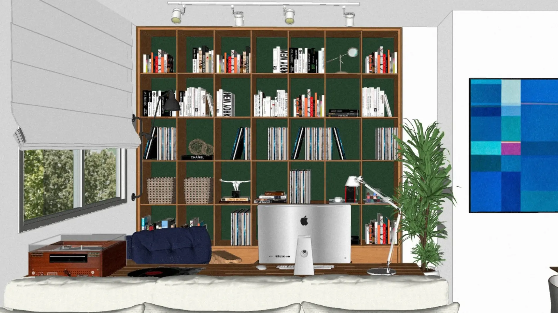 Desenho do projeto do home office, com estante de madeira, bancada atrás do sofá e trilho de luz