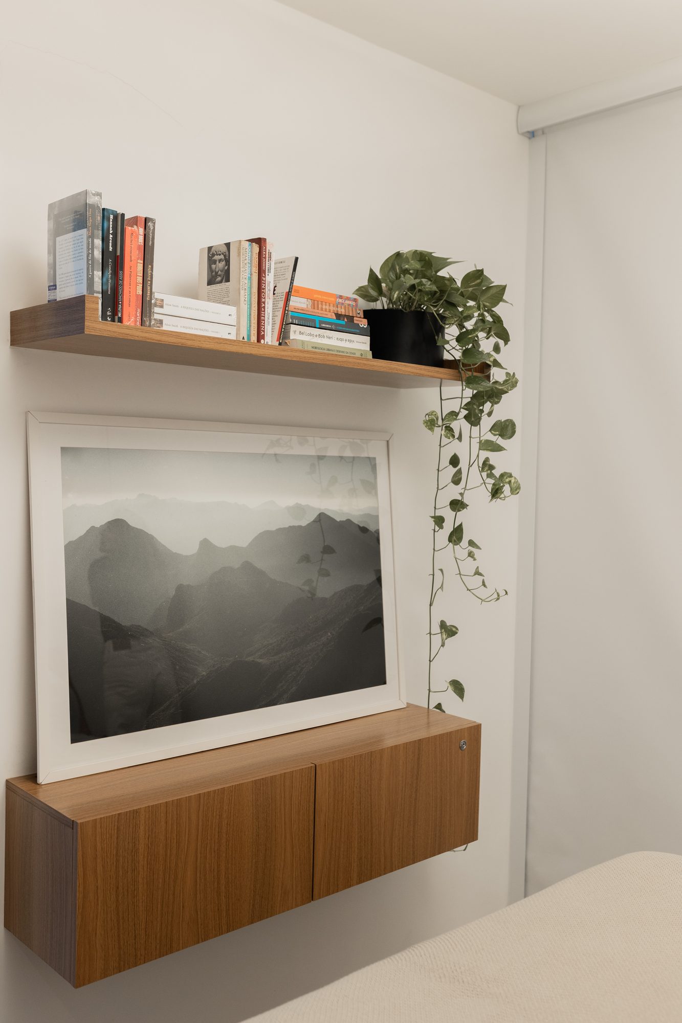 Aparador com quadro de montanhas e plantas